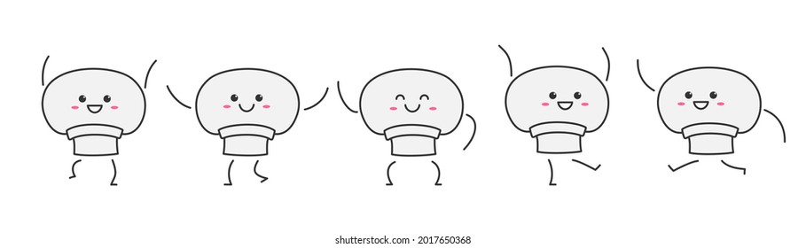 Champignon mushrooms character cartoon running jumps smiling happy face emotions icon vector illustration.