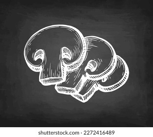 Champignon mushrooms slices. Hand drawn chalk sketch on blackboard background.