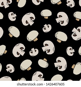 Champignon mushrooms vector seamless pattern on black background.