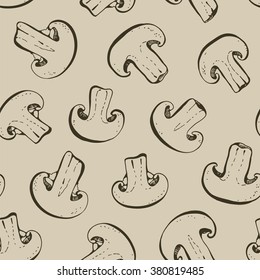 Champignon seamless vector pattern, mushrooms food beige background
