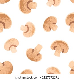 Champignon slices pattern. Seamless background with fresh food pieces, mushrooms. Edible fungi texture design with endless repeating print for wrapping, fabric, decoration. Flat vector illustration