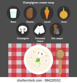 Champignon soup and its ingredients. Flat design. Vector stock illustration