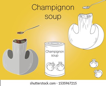 Champignon with soup sketch of organic natural vegetable. Colorful vector illustration can use for promotion, advertisement, with text; for agriculture themes, farm market and label design.