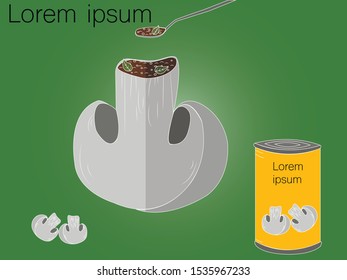 Champignon with soup sketch of organic natural vegetable. Colorful vector illustration can use for promotion, advertisement, with text; for agriculture themes, farm market and label design.