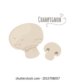 Champignon,agaricus mushrooms isolated on white background.Simplified flat vector illustration.