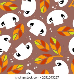 champignons in a cut vector seamless pattern. mushrooms on yellowed autumn leaves. seasonal harvest of mushrooms in the forest.