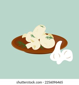 Champignons with dills on he red clay plate isolated on blue background. Cartoon vector illustration.