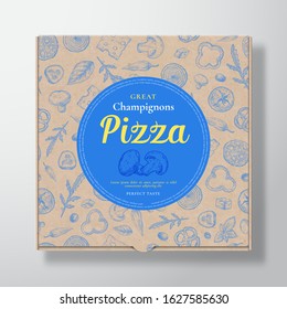 Champignons Pizza Realistic Cardboard Box. Abstract Vector Packaging Design or Label. Modern Typography, Sketch Seamless Pattern of Mushrooms, Tomato, Sausages. Craft Paper Background Layout. Isolated