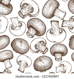 Champignons vector background. Seamless pattern with botanical drawings. Hand drawn forest plant, organic vegetarian product. Great for product packaging, banner, menu, recipe, poster, print, textile.