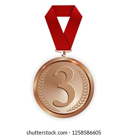 Champion Art Bronze Medal with Red Ribbon Icon Sign First Place Isolated on Transparent Background. Vector Illustration EPS10
