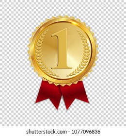 Champion Art Golden Medal with Red Ribbon l Icon Sign First Place Isolated on Transparent Background. Vector Illustration EPS10