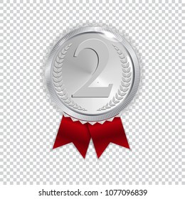 Champion Art Silver Medal with Red Ribbon Icon Sign Second Place Isolated on Transparent Background. Vector Illustration EPS10