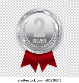 Champion Art Silver Medal with Red Ribbon Icon Sign Second Place Isolated on Transparent Background. Vector Illustration EPS10