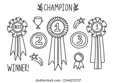 Champion Award Doodle Outline. Vector Hand Drawn Set. Vector Illustration