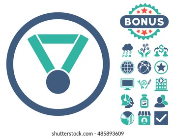Champion Award icon with bonus elements. Vector illustration style is flat iconic bicolor symbols, cobalt and cyan colors, white background.