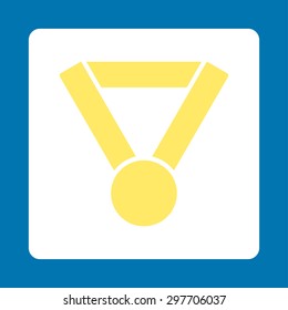 Champion award icon from Award Buttons OverColor Set. Icon style is yellow and white colors, flat rounded square button, blue background.