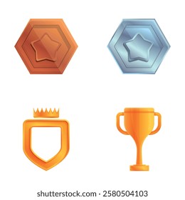 Champion award icons set cartoon vector. Various trophy and award for winner. Victory, achievement