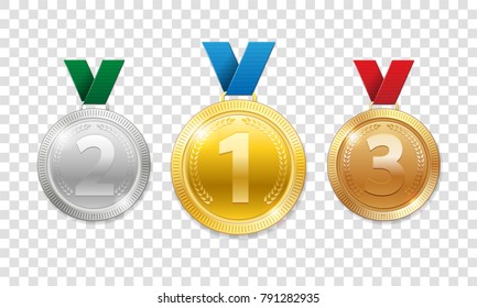 Champion Award Medals for sport winner prize. Set of realistic 3d gold, silver and bronze award trophy medals with ribbons. Vector illustration isolated