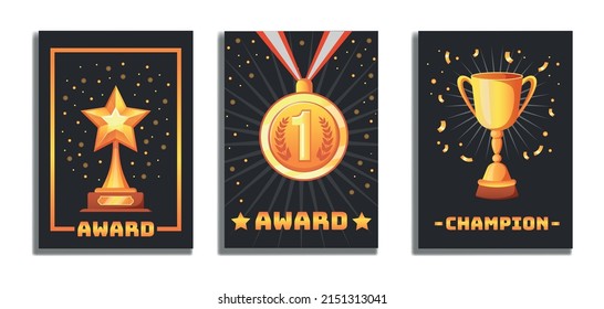 Champion award poster. Gold trophy championship illustration. Vector victory cup symbol banner