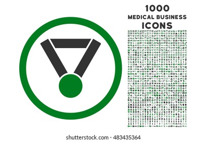 Champion Award rounded vector bicolor icon with 1000 medical business icons. Set style is flat pictograms, green and gray colors, white background.