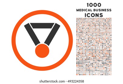 Champion Award rounded vector bicolor icon with 1000 medical business icons. Set style is flat pictograms, orange and gray colors, white background.