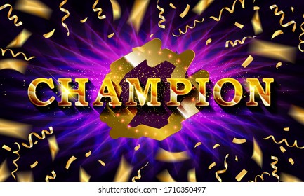Champion banner. Champ congratulations vintage frame, golden congratulating framed sign with gold confetti. champion lottery game jackpot prize logo vector background illustration