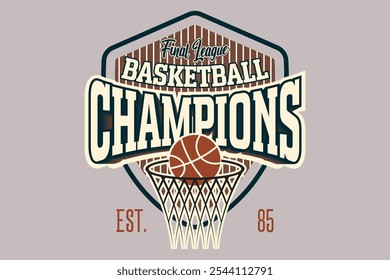 Diseño de camiseta de Vector Champion Basketball Club. Antiguas ilustraciones para ropa deportiva. Logotipo del deporte. College fuente. Nueva York Basketball League, Tipografía deportiva, gráficos de camisetas, póster, camiseta de jugador de baloncesto