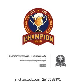 Plantilla con el logo de Champion Beer con un trofeo como taza para la cerveza.