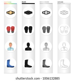 Champion belt, gloves for boxing, referee in the ring, sneakers. Boxing set collection icons in cartoon black monochrome outline style vector symbol stock illustration web.