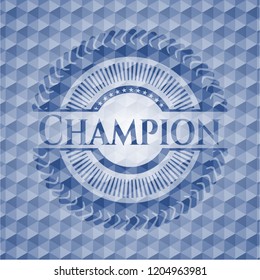 Champion blue emblem or badge with abstract geometric polygonal pattern background.