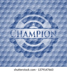 Champion blue emblem with geometric pattern background.