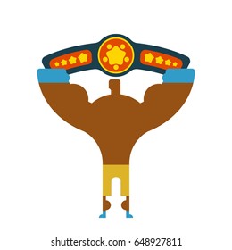 Champion Boxer winner hands up. Winning tournament. Championship on fights. Belt
