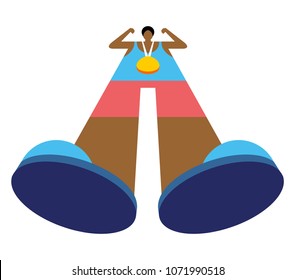 Champion of boxing with gold medal. Bottom view. Winner. First place