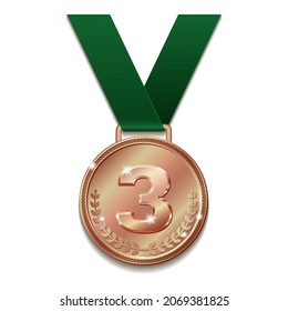 Champion bronze medal with with green ribbon. Vector illustration isolated on white background