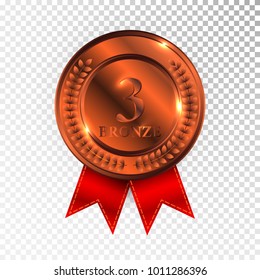 Champion Bronze Medal with Red Ribbon Icon Sign. Third Place Collection Set Isolated on Transparent Background. Vector Illustration.