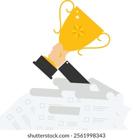 Champion businessman holding in hand prize achievement reward trophy, Vector illustration in flat style

