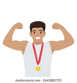 Champion Celebrating with Gold Medal. Flat vector illustration isolated on white background