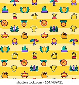 Champion color seamless vector pattern. Winner trophies, prizes, medals on striped background