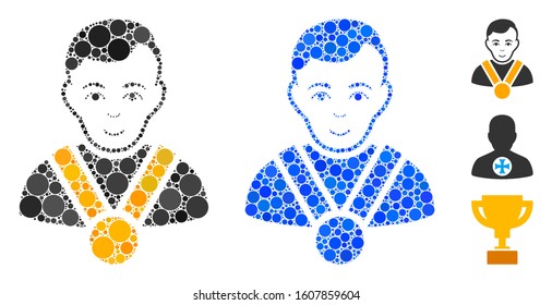 Champion composition of circle elements in different sizes and shades, based on champion icon. Vector circle elements are grouped into blue illustration.