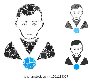 Champion composition of ragged parts in variable sizes and color hues, based on champion icon. Vector ragged parts are organized into collage. Champion icons collage with dotted pattern.