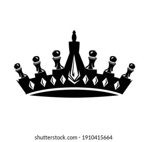 champion crown made of chess pieces - pawns making royal symbol black and white vector design