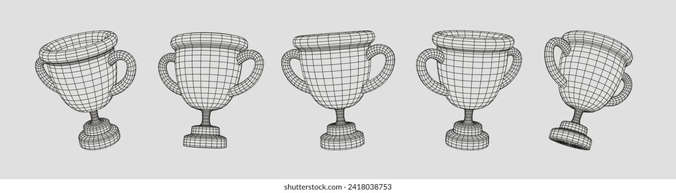 Colección de iconos 3d de la copa de campeón. Conjunto de elementos de diseño del vector de goblet del ganador de malla. Cuencos tridimensionales sobre fondo blanco. Elementos HUD futuristas