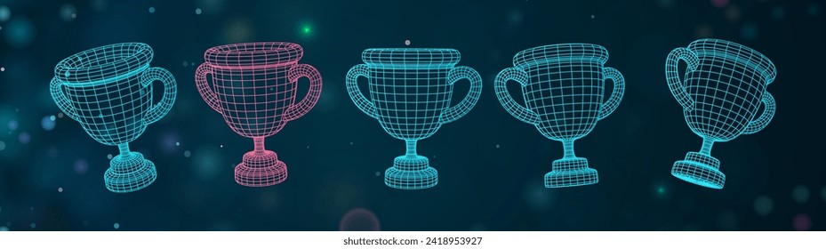 Champion cup 3d icons collection. Mesh grid winner goblet vector design elements set. Three-dimensional bowles on dark blur background. Futuristic HUD elements