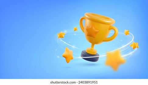 Champion cup 3d vector illustration. Win prize, first place sport competition. Cartoon trophy cup with flying stars on blue background