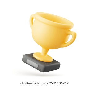 Copa de campeón Ilustración vectorial 3D. Ganar el premio, el primer lugar de la competición deportiva. Taza de trofeo de dibujos animados sobre fondo blanco.