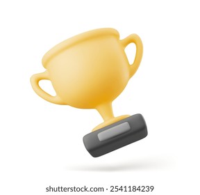 Copa de campeón Ilustración vectorial 3D. Ganar el premio, el primer lugar de la competición deportiva. Taza de trofeo de dibujos animados sobre fondo blanco.