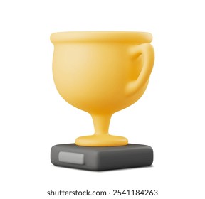 Copa de campeón Ilustración vectorial 3D. Ganar el premio, el primer lugar de la competición deportiva. Taza de trofeo de dibujos animados sobre fondo blanco.