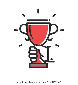 Champion Cup Award Achievement Single Isolated Modern Vector Line Design Icon. Hand Holding A Trophy.