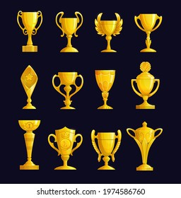 Champion cup cartoon vector icons. Leader prize, sport championship or tournament winner award. Golden goblets with wings, star and crown, champion cups and trophies for first place achievement