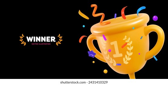 Champion cup with colorful confetti explosion 3d vector illustration. Cartoon trophy bowl with flying foil on black background. Win prize, first place sport competition vector banner.